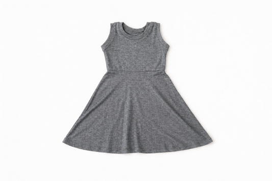 Baby / Toddler / Kids Merino Wool + Cotton Sleeveless Skater Dress to Tunic | Cool Grey Micro Stripe