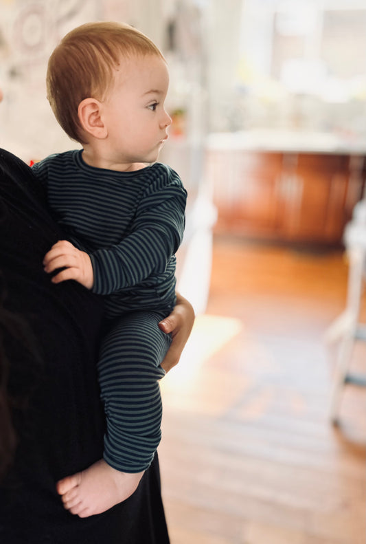 Merino Wool Baby / Kids Grow with Me Long Sleeve Top + Bottoms Base Layer Set | Pine