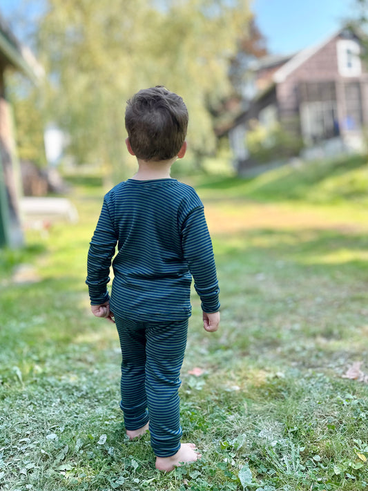 Merino Wool Baby / Kids Grow with Me Long Sleeve Top + Bottoms Base Layer Set | Cherry Stripe