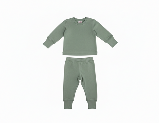Merino Wool Baby / Kids Grow with Me Long Sleeve Top + Bottoms Base Layer Set | Sage