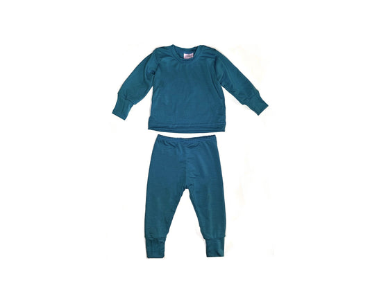 Merino Wool Baby / Kids Grow with Me Long Sleeve Top + Bottoms Set | Ocean
