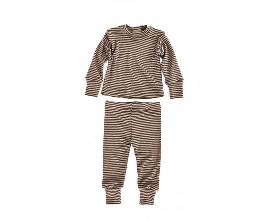 Merino Wool Baby / Kids Grow with Me Long Sleeve Top + Bottoms Base Layer Set | Sepia Stripe