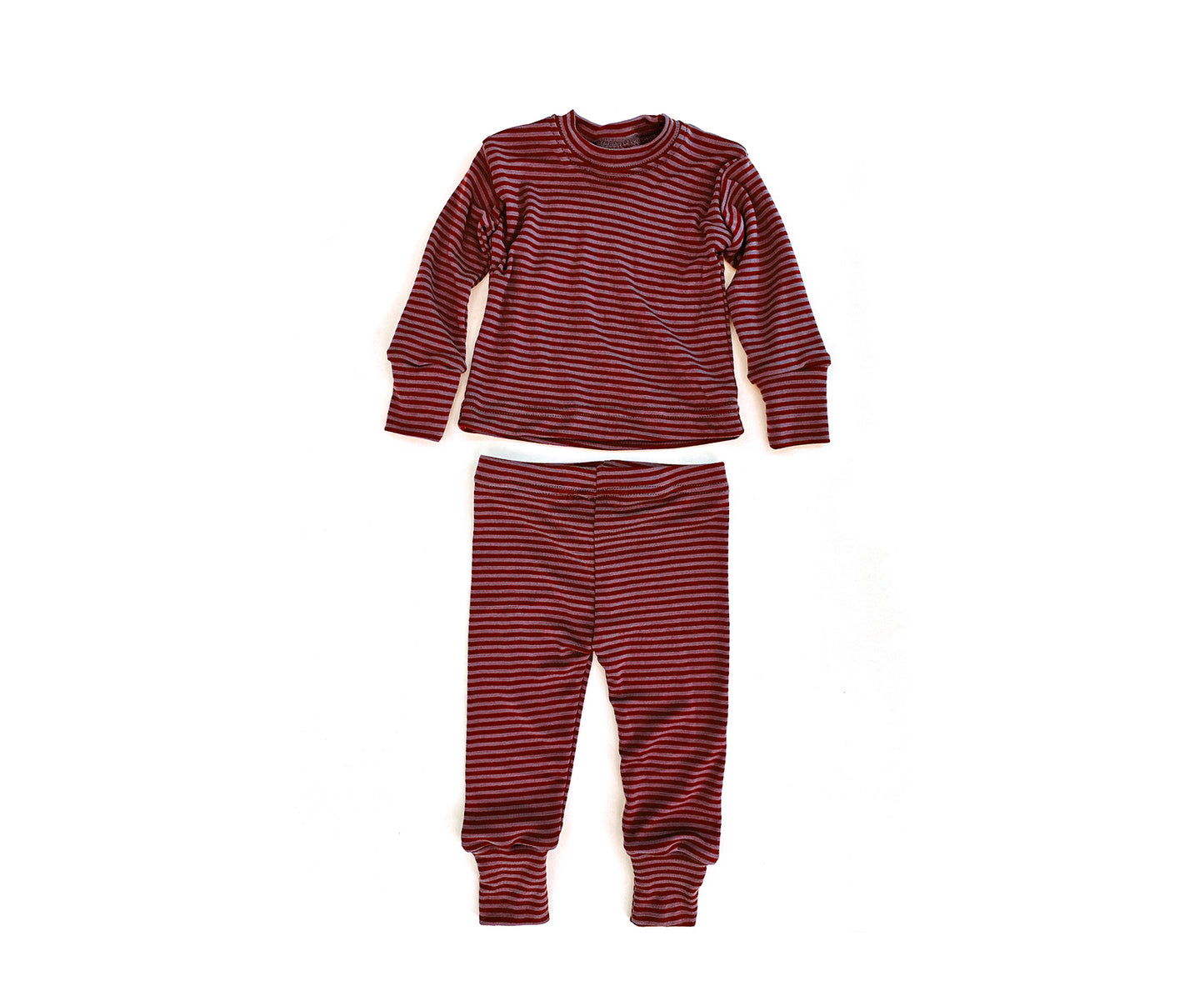 Merino Wool Baby / Kids Grow with Me Long Sleeve Top + Bottoms Base Layer Set | Cherry Stripe