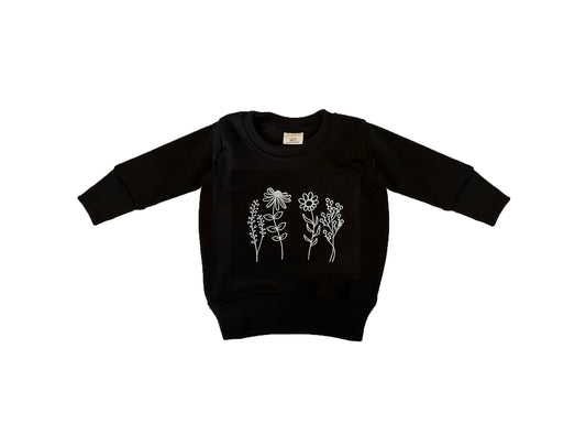 Baby / Toddler / Kids Graphic Merino Wool Long Sleeved Crew Pullover | Eclipse | Field Flowers