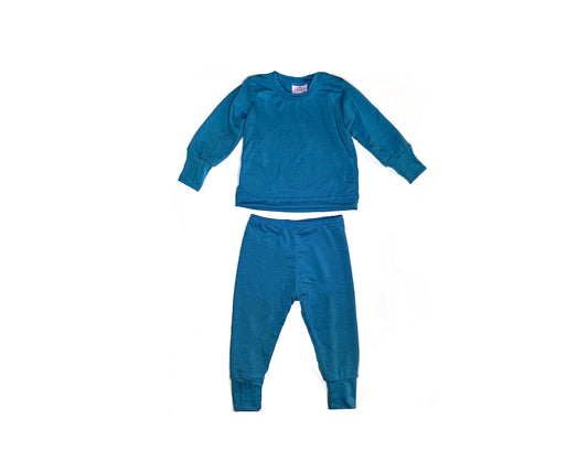 Merino Wool Baby / Kids Grow with Me Long Sleeve Top + Bottoms Set | Mediterranean Blue