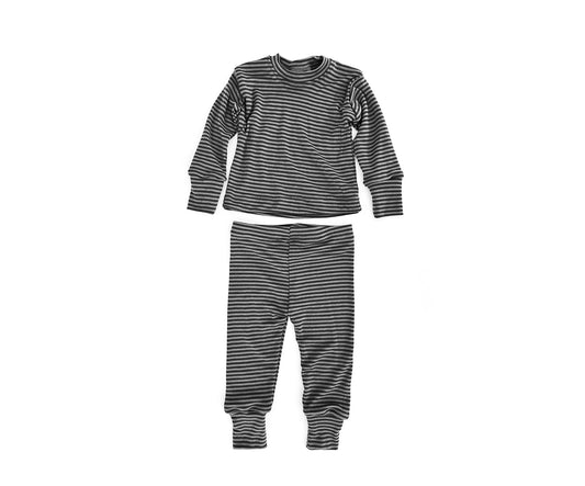 Merino Wool Baby / Kids Grow with Me Long Sleeve Top + Bottoms Base Layer Set | Monochrome Stripe