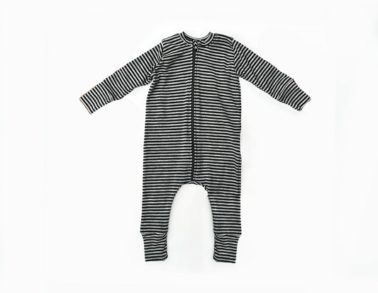 Footless Merino Wool Zippered Romper | Monochrome Stripe