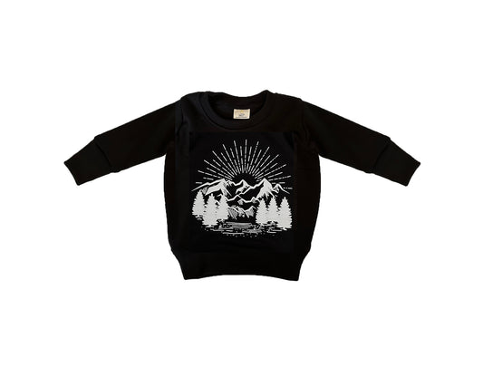 Baby / Toddler / Kids Graphic Merino Wool Long Sleeved Crew Pullover | Eclipse | Mountain Sunrise