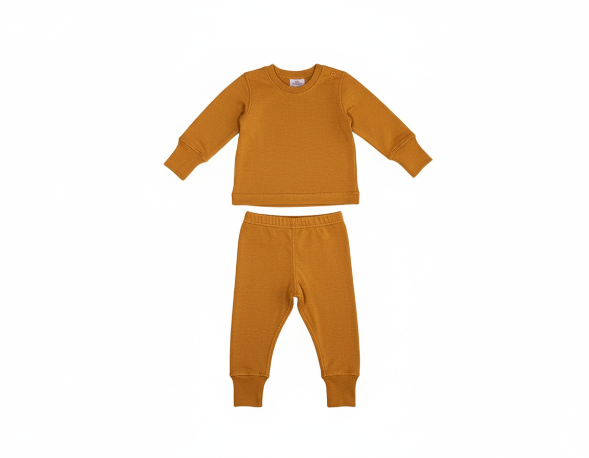 Merino Wool Baby / Kids Grow with Me Long Sleeve Top + Bottoms Base Layer Set | Ochre