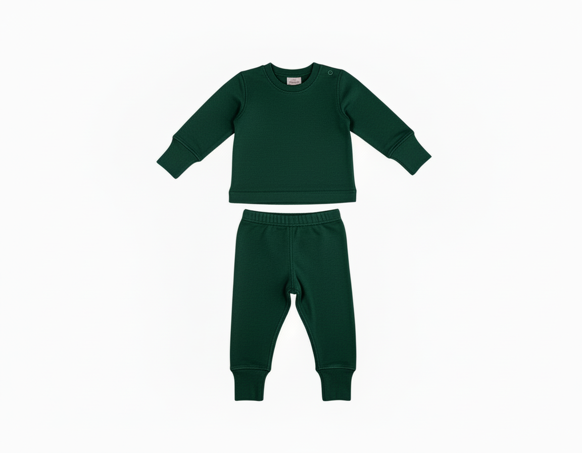 Merino Wool Baby / Kids Grow with Me Long Sleeve Top + Bottoms Base Layer Set | Pine