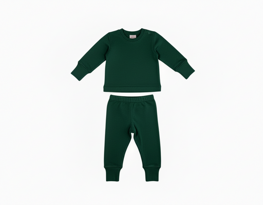 Merino Wool Baby / Kids Grow with Me Long Sleeve Top + Bottoms Base Layer Set | Pine