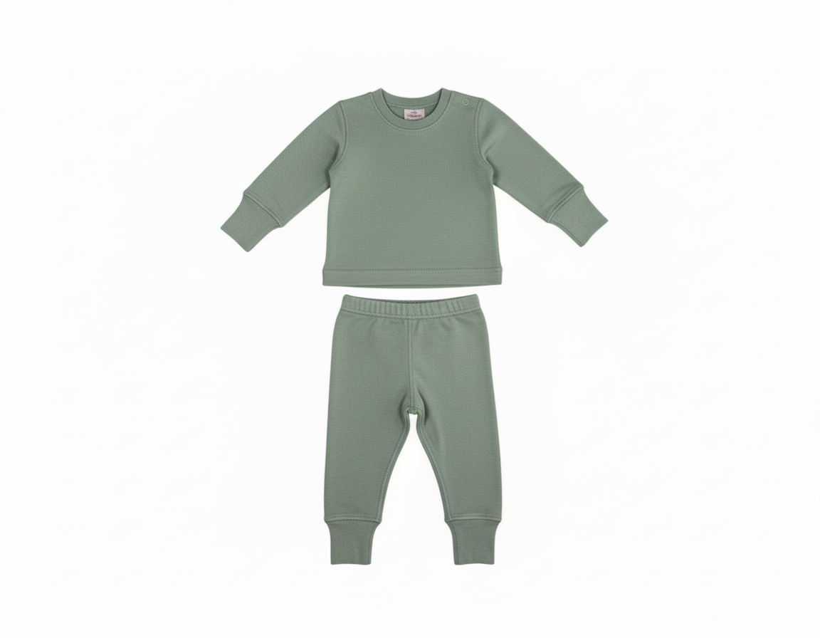 Merino Wool Baby / Kids Grow with Me Long Sleeve Top + Bottoms Base Layer Set | Sage
