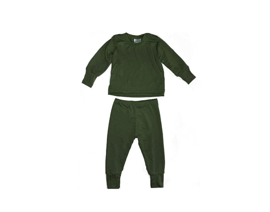 Merino Wool Baby / Kids Grow with Me Long Sleeve Top + Bottoms Set | Olive