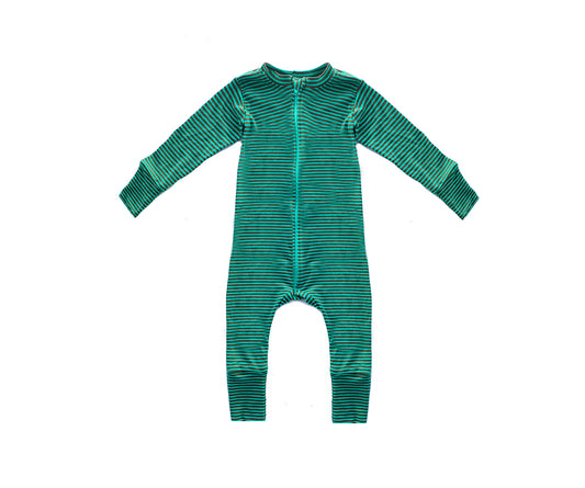 Merino Wool Zippered Romper | Teal Stripe