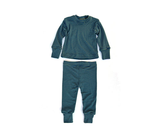 Merino Wool Baby / Kids Grow with Me Long Sleeve Top + Bottoms Set | Olive Stripe